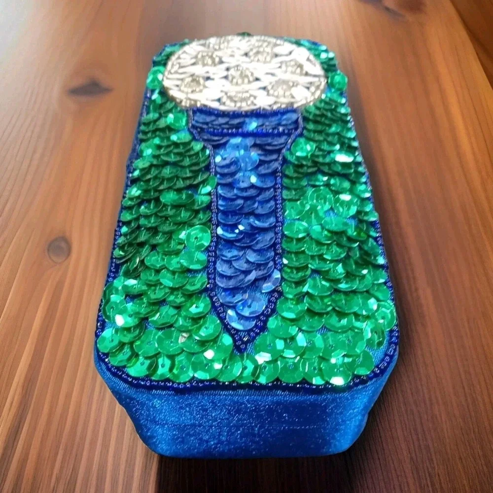 Vintage 1998 Beaded Sequin Satin Golf‎ Theme Rectangle TRINKET BOX Golf Ball